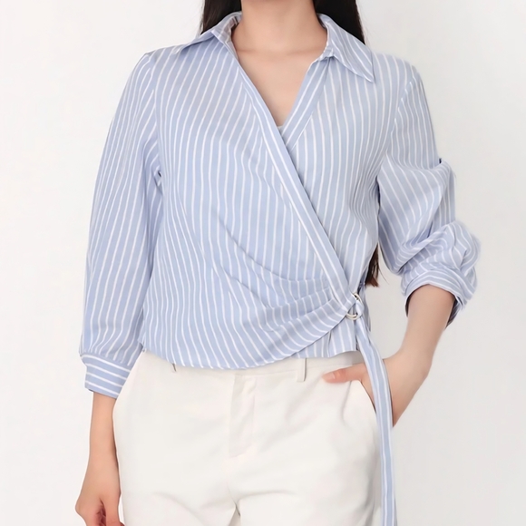Zara Sky Blue Striped Wrap Blouse - Picture 1 of 6